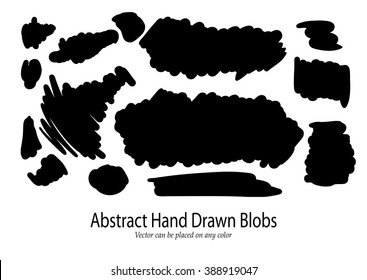 hand drawn design elements, set of blobs or doodles splotches, black background textures, collection of black paint or marker illustrations graphic art designs, vector can go on any color