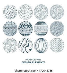 Hand drawn design elements set.
Round doodle ornaments. Vector illustration.