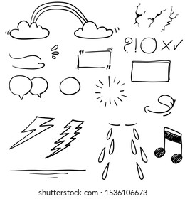 Hand drawn design elements, speech bubble, star, sun,light,check marks,rainbow,thunder,Swishes, swoops, emphasis ,swirl, heart, on white background. doodle vector