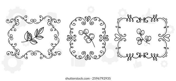 hand drawn design elements such as text dividers, borders with flourishes, frames, ribbons, doodle flowers, leaves and hearts etc. Vector black and white llustration for your design.