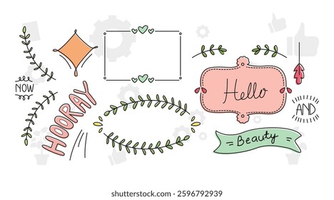 hand drawn design elements such as text dividers, borders with flourishes, frames, ribbons, doodle flowers, leaves and hearts etc. Vector black and white llustration for your design.