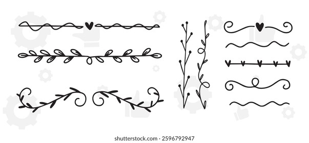 hand drawn design elements such as text dividers, borders with flourishes, frames, ribbons, doodle flowers, leaves and hearts etc. Vector black and white llustration for your design.