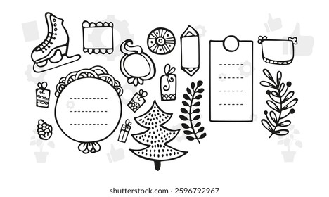 hand drawn design elements such as text dividers, borders with flourishes, frames, ribbons, doodle flowers, leaves and hearts etc. Vector black and white llustration for your design.