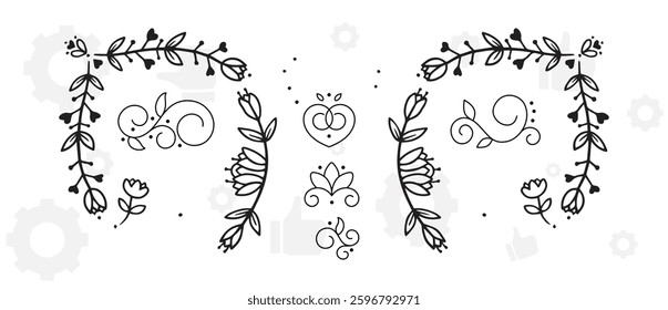 hand drawn design elements such as text dividers, borders with flourishes, frames, ribbons, doodle flowers, leaves and hearts etc. Vector black and white llustration for your design.