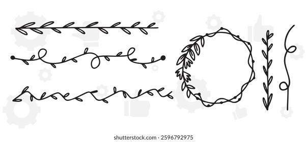 hand drawn design elements such as text dividers, borders with flourishes, frames, ribbons, doodle flowers, leaves and hearts etc. Vector black and white llustration for your design.