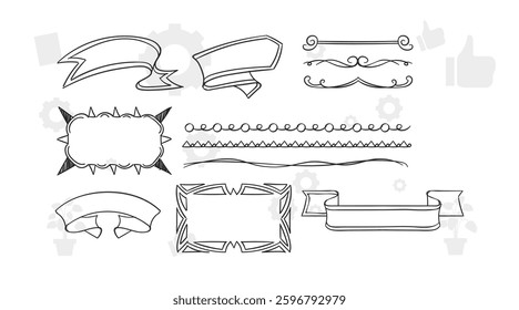 hand drawn design elements such as text dividers, borders with flourishes, frames, ribbons, doodle flowers, leaves and hearts etc. Vector black and white llustration for your design.