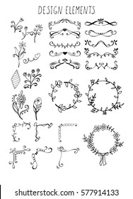 Hand drawn design elements (text dividers, doodle flowers, floral wreathes, corners) isolated on white background. Vector illustration.