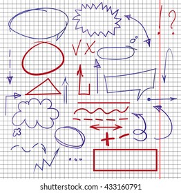 hand drawn design elements. vector set of speech bubbles, arrows , symbols on copybook page