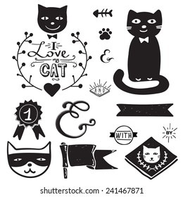 hand drawn design elements and vintage label with cats