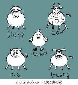 Hand drawn design farm animals for painting such as cow sheep donkey chicken and pig with same words drawn next to them
