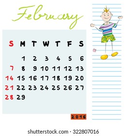 Hand drawn design of February 2016 calendar with kid illustration, the open-minded student profile for international schools