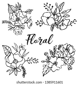 hand drawn design Floral set flowers, leaves  elements in sketch style. Perfect for invitations, greeting cards, tattoo, prints Vector illustrations
