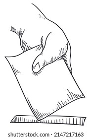 Hand drawn design of a hand gripping a vote, putting it inside the urn for elections.