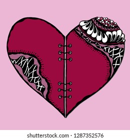 Hand drawn design illustration of a heart of marsala with lacing. Two connected halves of the heart. Tattoo. Coloring book pattern. Vector doodle illustration on pink background.