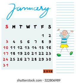 Hand drawn design of January 2016 calendar with kid illustration, the happy student profile for international schools