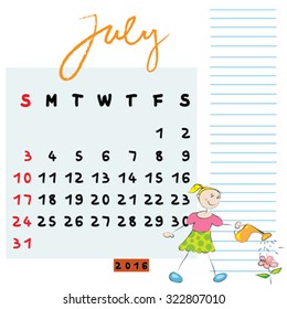 Hand drawn design of July 2016 calendar with kid illustration, the caring student profile for international schools