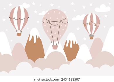 Diseño dibujado a mano de las montañas de los niños. Para fondos de pantalla para niños. Montañas, nubes, globo de aire. Ilustraciones vectoriales
