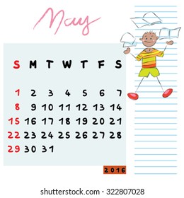 Hand drawn design of May 2016 calendar with kid illustration, the knowledgeable student profile for international schools