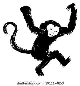 Hand drawn design with a monkey in hanging position in black brush strokes.