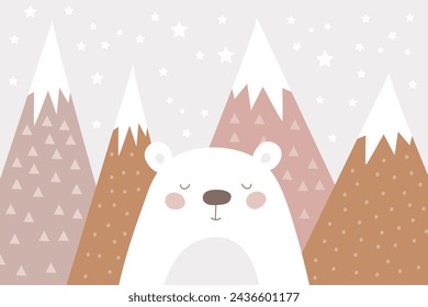 Hand drawn design with mountains and bear. For children's wallpapers. Baby room design. Vector illustration. 