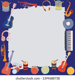 Hand drawn design of musical instruments. Musical instruments illustration with textured border for greeting card, banner, poster sketch design. Vector