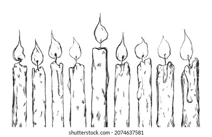 Hand drawn design with nine lighted candles, isolated over white background.