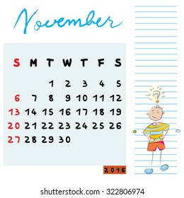 Hand drawn design of November 2016 calendar with kid illustration, the thinker student profile for international schools
