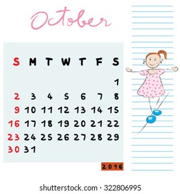 Hand drawn design of October 2016 calendar with kid illustration, the balanced student profile for international schools