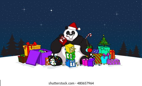 Hand drawn design of Panda as Santa with blocks, a lot of presents, new year's tree and many others decorations. Best for greeting cards, flyers, holiday posters, banners and wallpapers - stock vector