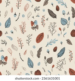 Hand drawn design pattern with leaves and branches in simple scandi style. Lineart. Blue, grey and red colors. muted palette close to real earthy colors. Great for interior textile , kitchen textiles,