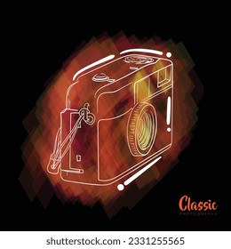 Handgezeichnetes Design einer Taschenkamera mit orangefarbenem Wassermalerhintergrund für das Fotografieren