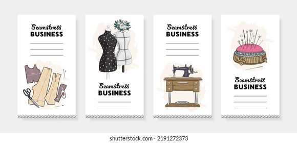 Hand drawn design seamstress social media stories. Vector illustration of sewing machine, pin cushion and buttons