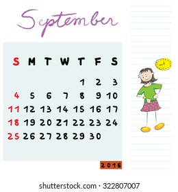 Hand drawn design of September 2016 calendar with kid illustration, the principled student profile for international schools