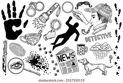 Hand drawn design set with cartoon detective and crime investigation symbols. Vector line art illustration with engraved retro objects and elements isolated on white. Discovery concept