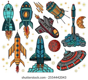 Hand drawn design set with colorful vector illustrations of retro future space rockets and ships isolated on white, line art science fiction concept, doodle stickers and clip art collection