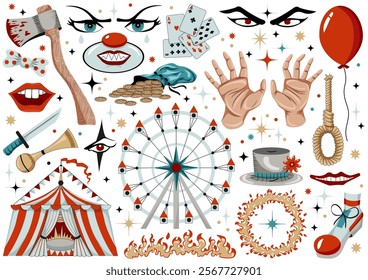 Hand drawn design set of colorful circus symbols and items with clowns, carnival tents, magician hands, carousel, balloon for stickers, cliparts isolated on white. Vector cartoon illustration