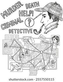 Hand drawn design set with crime investigation symbols, detective desk and inspector. Vector line art illustration with engraved retro objects and elements isolated on white. Discovery concept