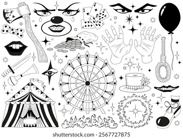 Hand drawn design set of line art circus symbols and items with clowns, carnival tents, carousel, balloon isolated on white. Vector cartoon illustration