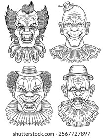 Hand drawn design set of line art crazy clowns with scary painted faces, red lips, funny hair for mascot, t-shirt, stickers, clipart isolated on white. Vector cartoon illustration