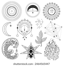 Hand drawn design set with mystical symbols and nature elements - fire, water, earth. Tattoo, poster or altar print concept; esoteric, wicca and gothic illustrations