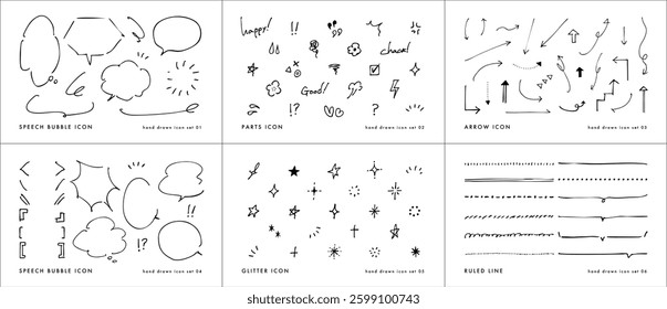 Hand drawn design set with ruled lines, callouts and arrows. Freehand vector design set including glitter and exclamation points.