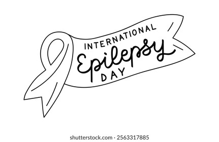 Hand drawn design showcases a ribbon and phrase International Epilepsy Day. The artwork is simple yet impactful, emphasizing awareness and its global recognition. Handwritten calligraphy lettering