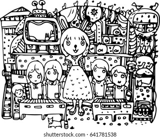 Hand drawn design of students in classroom.