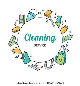 Hand drawn design template of cleaning equipments, sponge, vacuum, spray, broom, bucket. Doodle sketch style. Clean element drawn by digital brush-pen. Illustration for icon, frame, background, banner