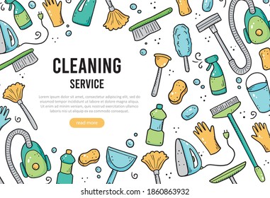 Hand drawn design template of cleaning equipments, sponge, vacuum, spray, broom, bucket. Doodle sketch style. Clean element drawn by digital brush-pen. Illustration for icon, frame, background, banner
