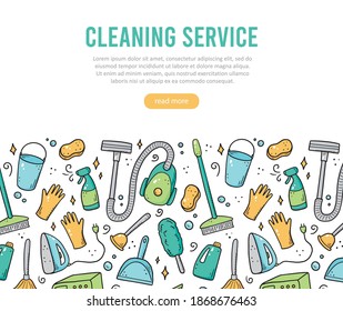 Hand drawn design template of cleaning equipments, sponge, vacuum, spray, broom, bucket. Doodle sketch style. Clean element drawn by digital brush-pen. Illustration for icon, frame, background, banner