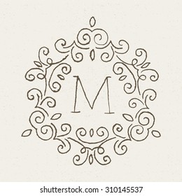 Hand drawn design template with letter M. Monogram identity, business sign, logo design. Vector illustration.