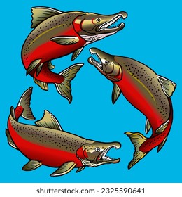 Diseño a mano de tres peces de salmón de coho