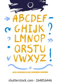 Hand drawn design vector alphabet.Set of symbols and arrows.  Painted with a brush, orange. 