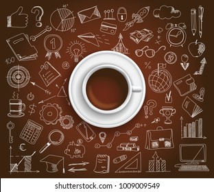 Hand drawn design vector illustration, Coffee with set of business icons in doodle style, for graphic and web design
